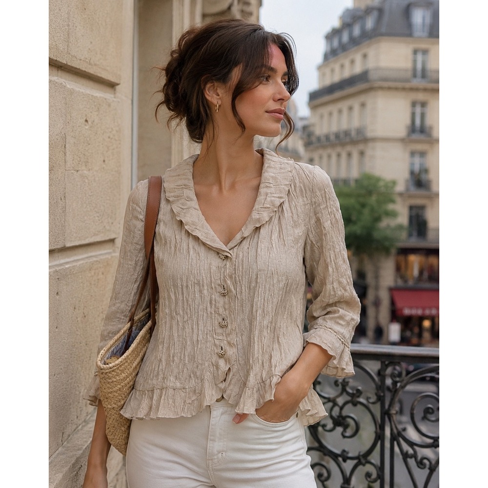 Un Jour Ailleurs Beige Crinkle Linen Blend Ruffle Jacket Womens 6 France 38